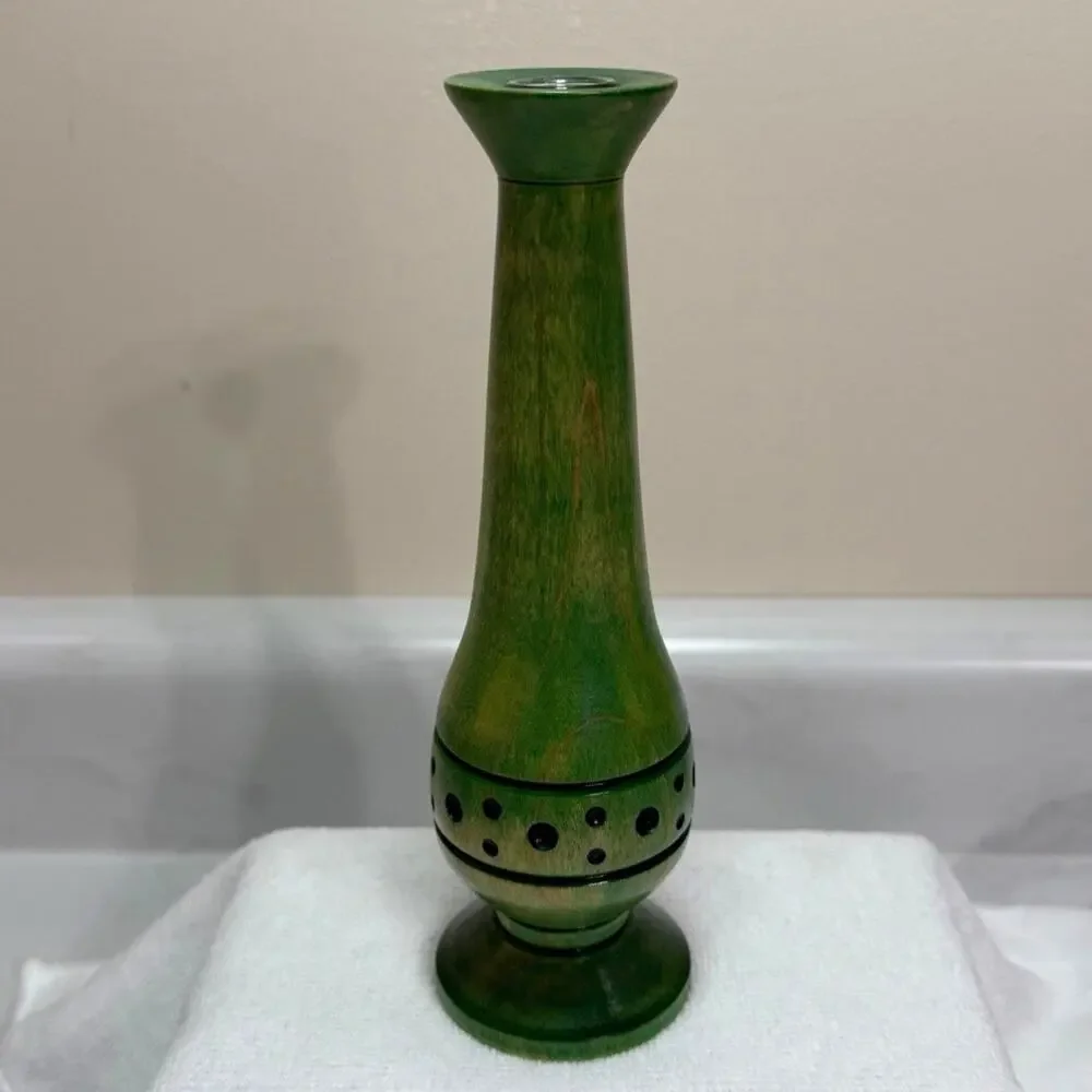 Vintage Hand-Turned Bud Vase Solid Maple Green Dye Signed GEW Glass Insert OOAK